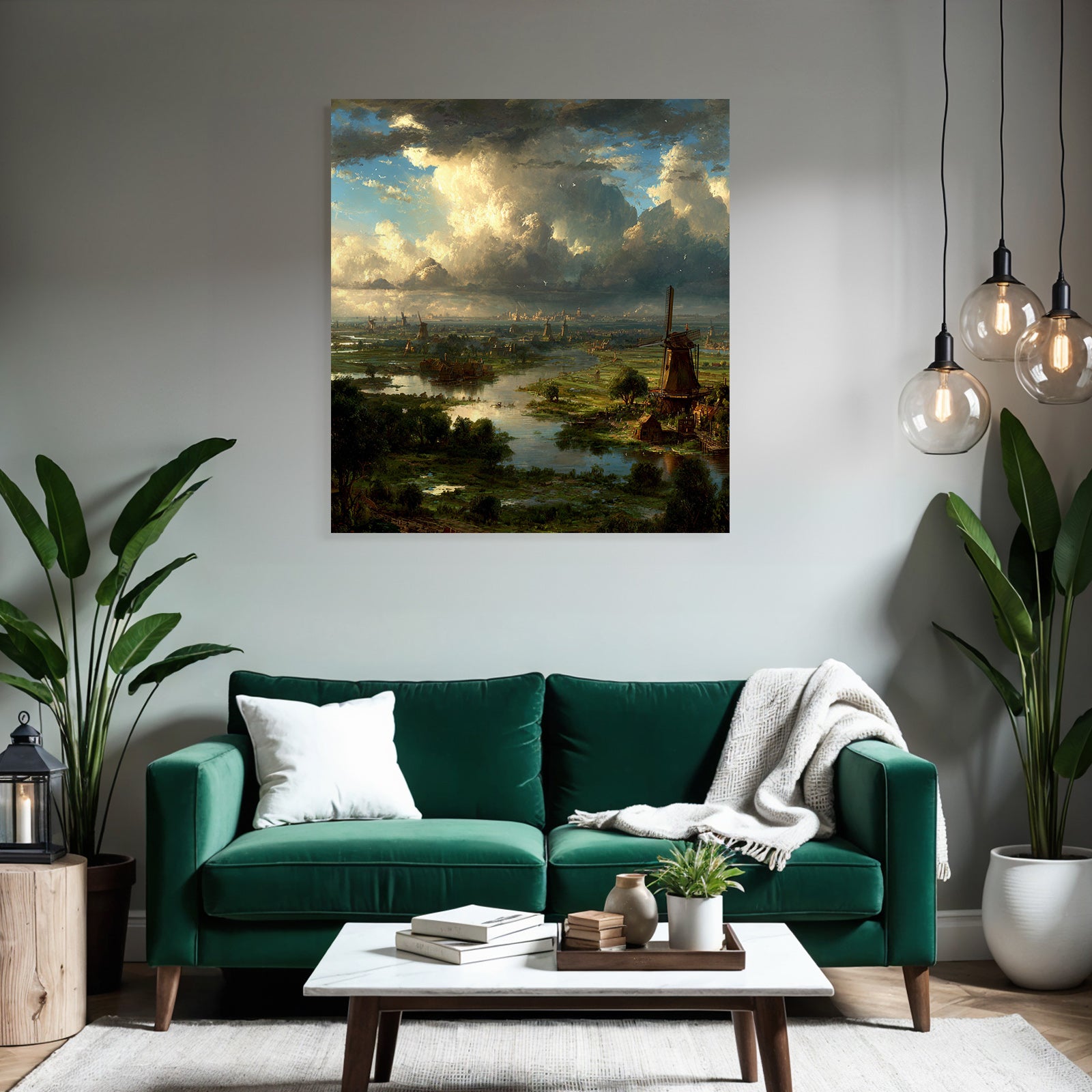 Idyllische Landschaft Mit Fluss Grünflächen Und Windmühlen