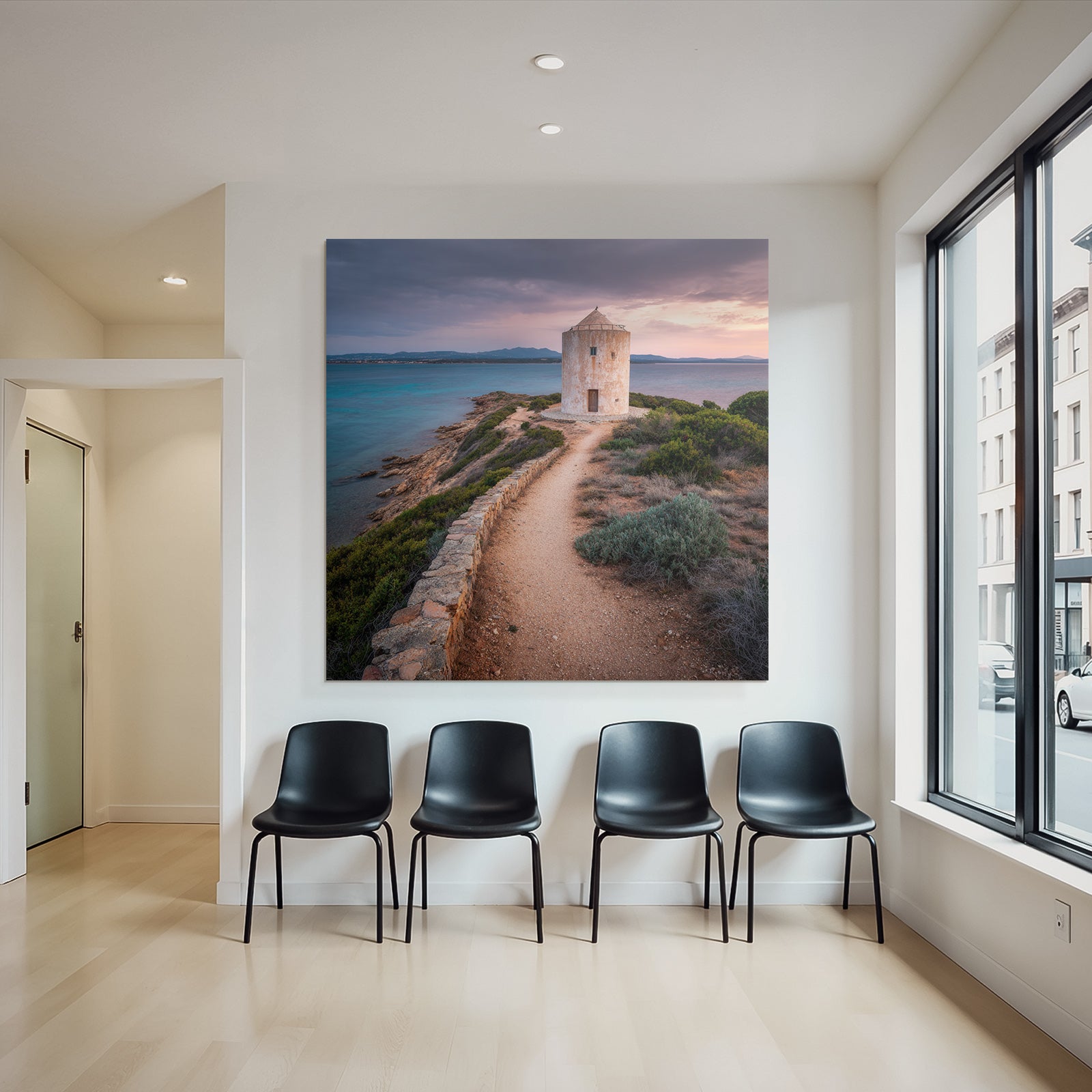 K C3 BCstenlandschaft Mit Alleinstehendem Windrad Und Meer