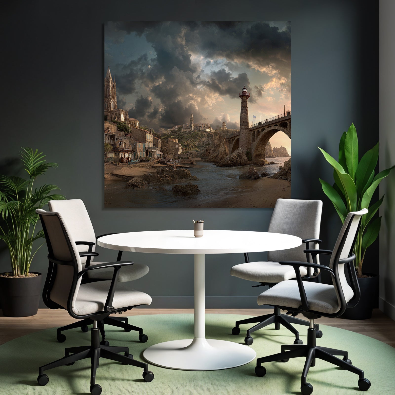 Küstenlandschaft Leuchtturm Brücke Traditionelle Gebäude Sturmwolken