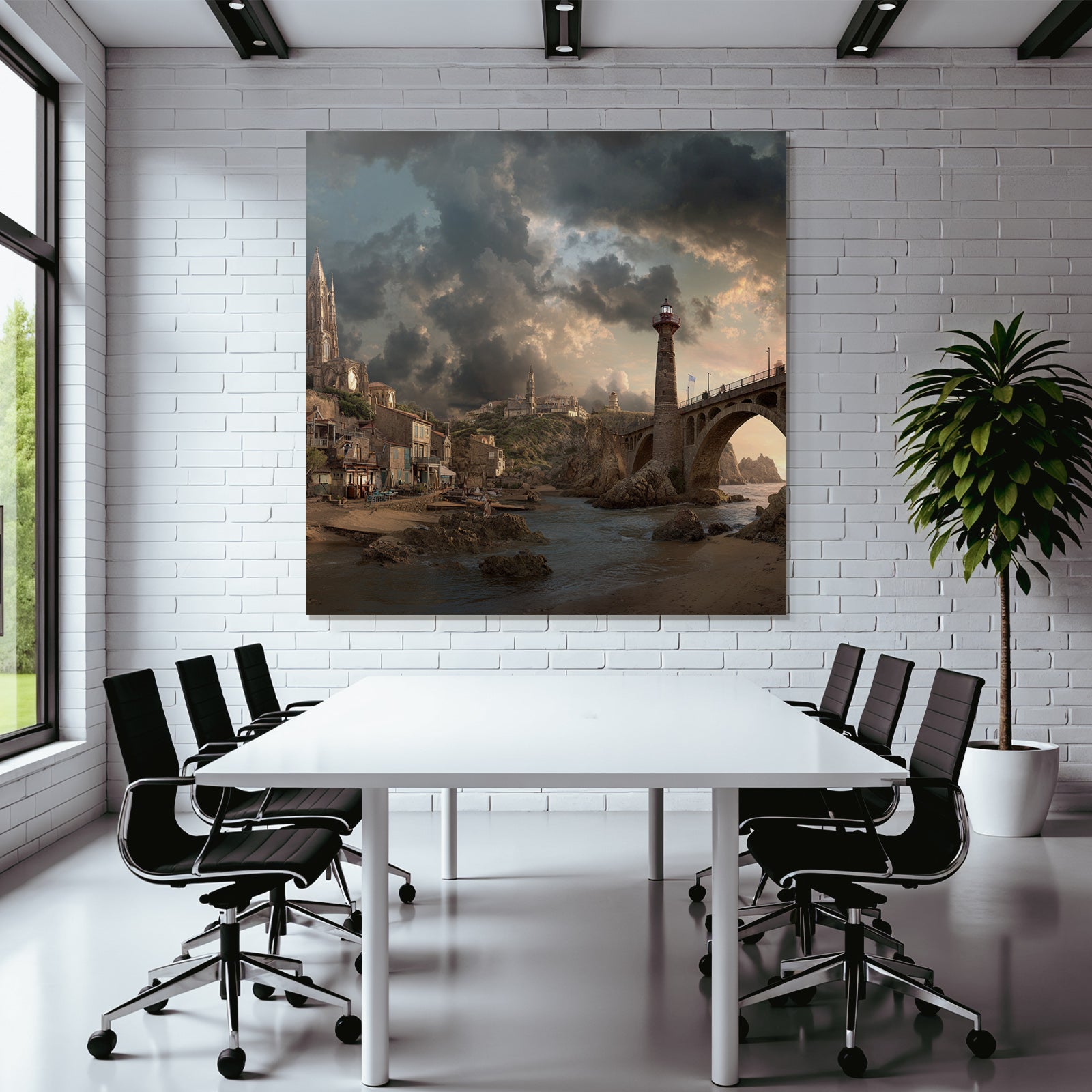 Küstenlandschaft Leuchtturm Brücke Traditionelle Gebäude Sturmwolken