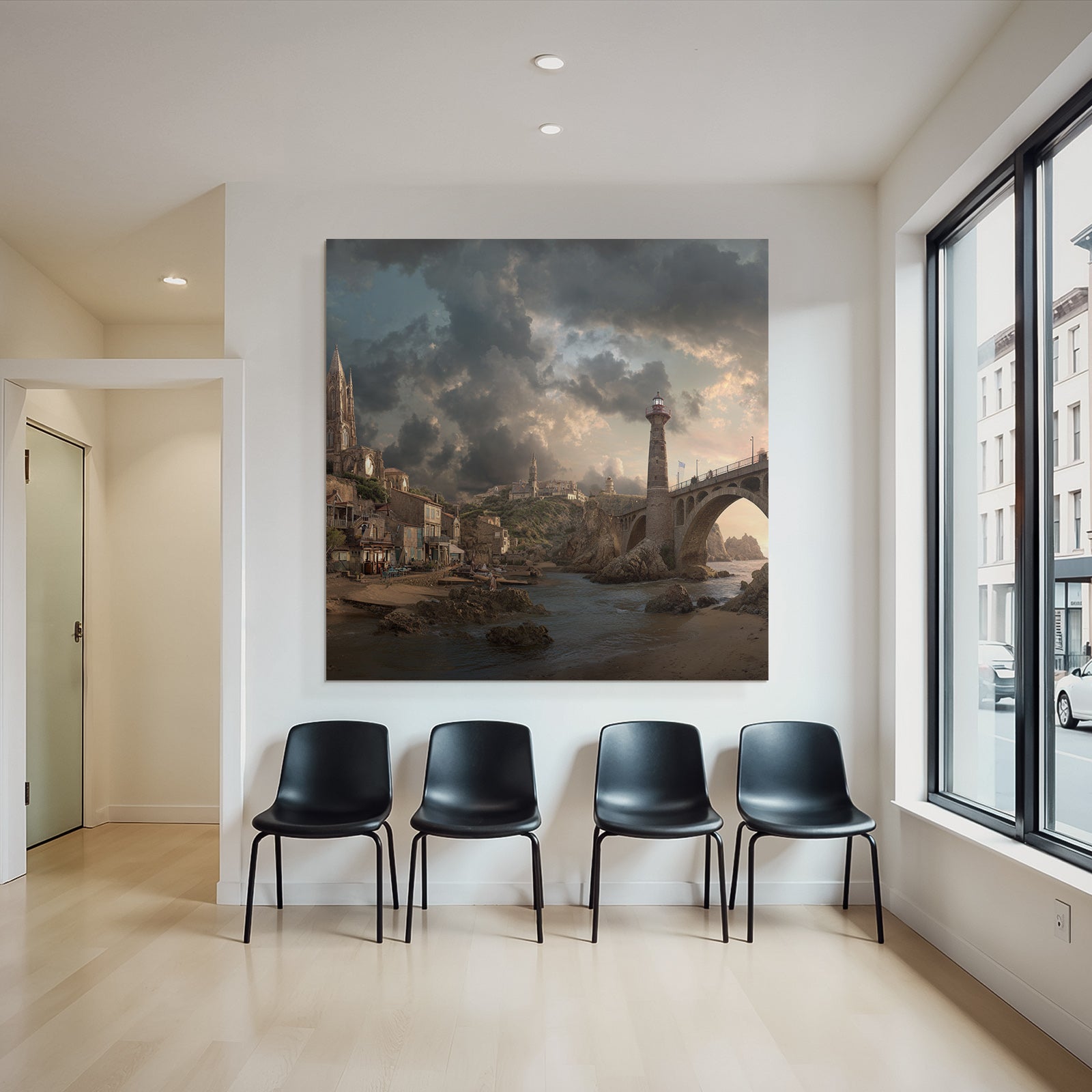 Küstenlandschaft Leuchtturm Brücke Traditionelle Gebäude Sturmwolken
