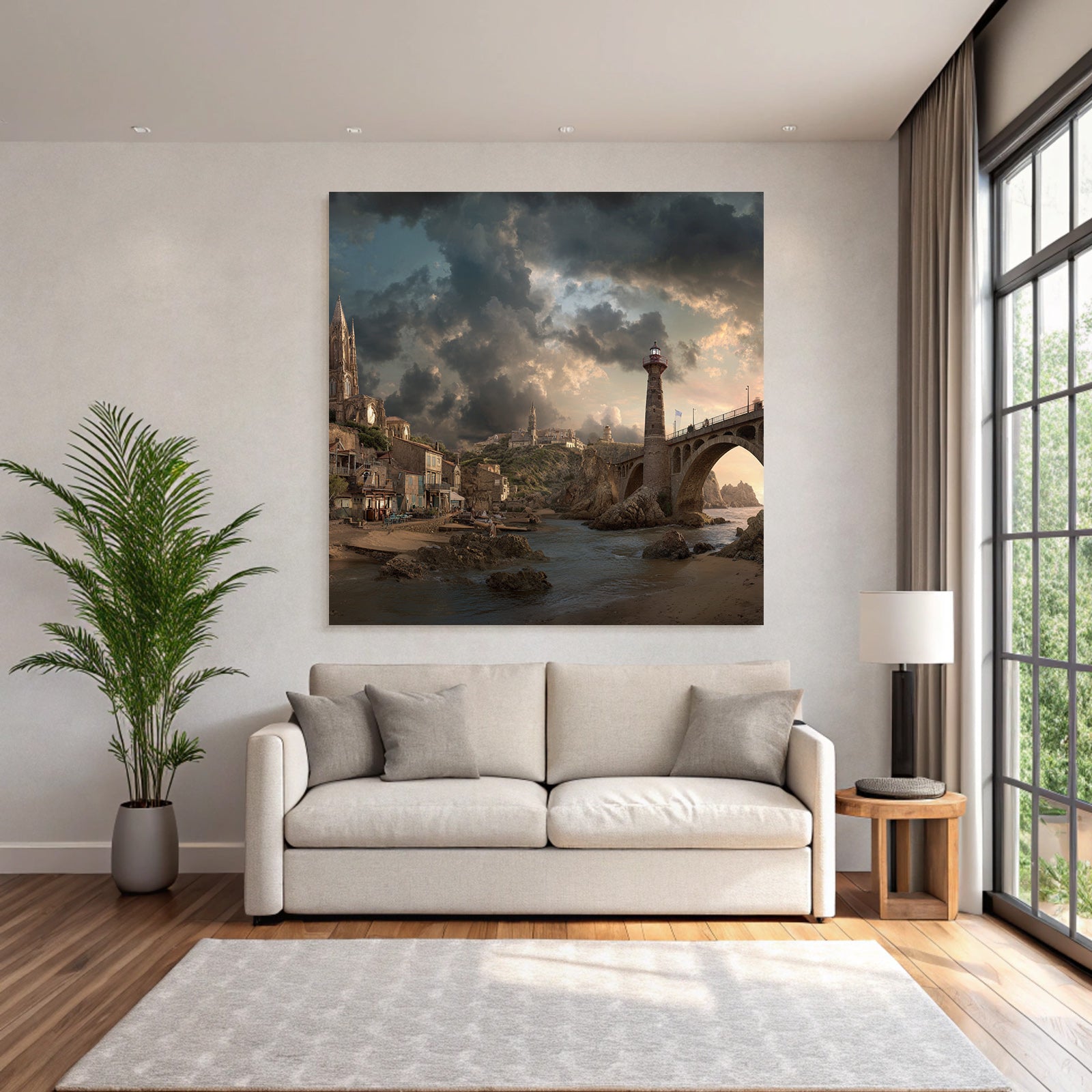 Küstenlandschaft Leuchtturm Brücke Traditionelle Gebäude Sturmwolken