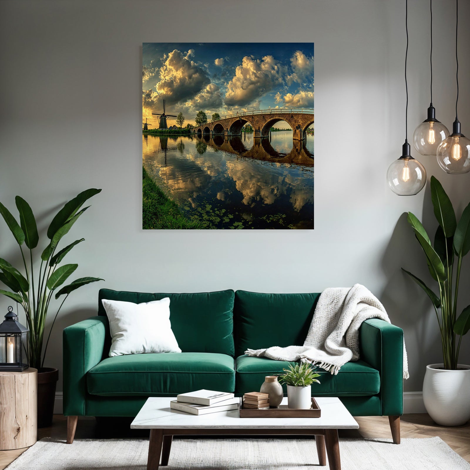 Malerische Landlandschaft Mit Brücke Und Windmühlen