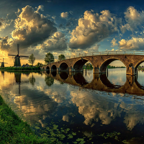 Malerische Landlandschaft Mit Brücke Und Windmühlen | Windmuehlen Leuchttuerme Bruecken | Architektur