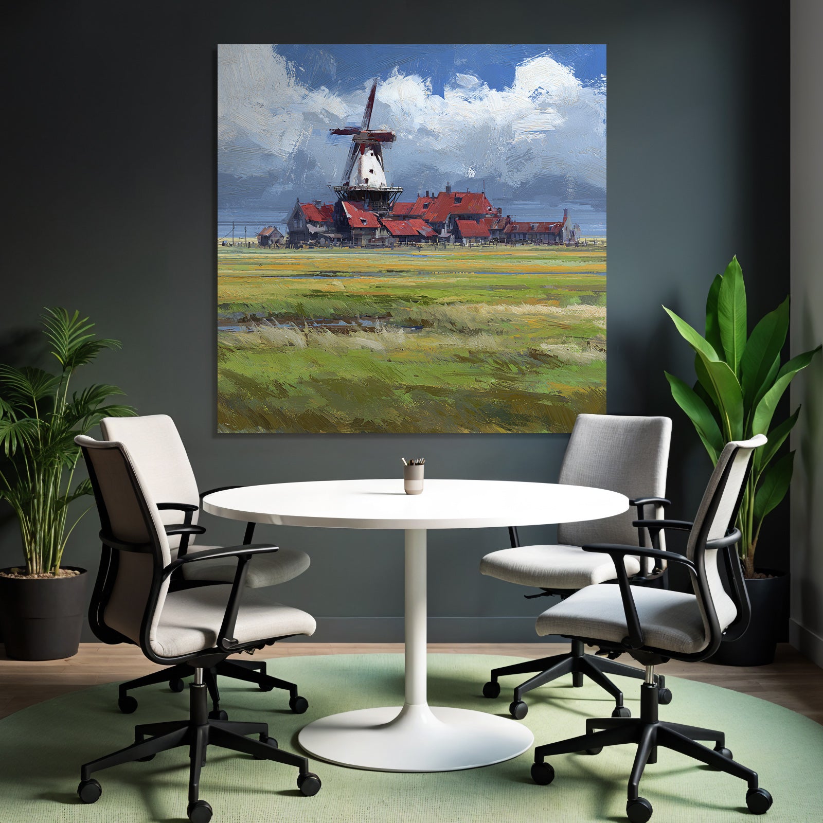 Malerische Landschaft Mit Windmühle Und Roten Dächer
