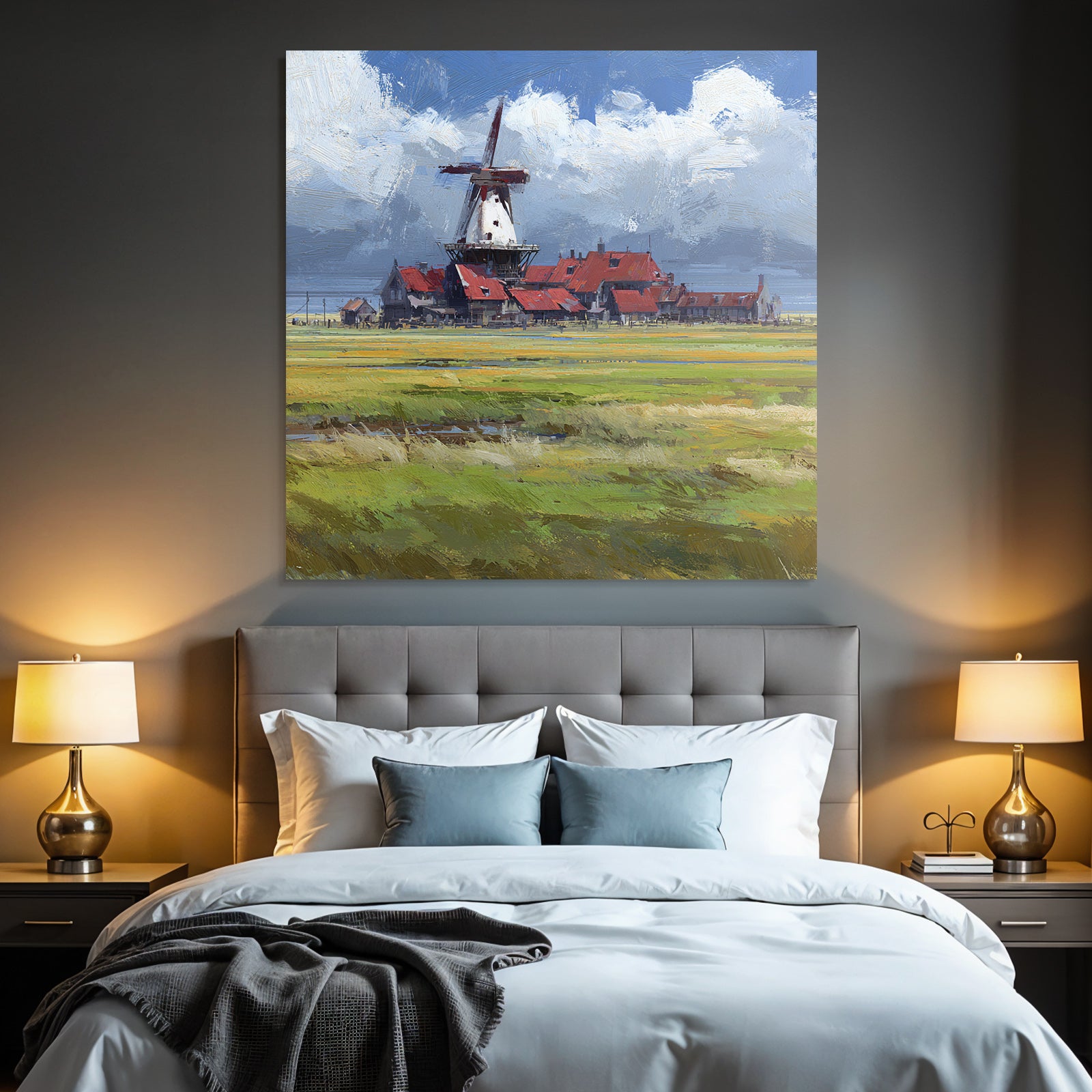 Malerische Landschaft Mit Windmühle Und Roten Dächer