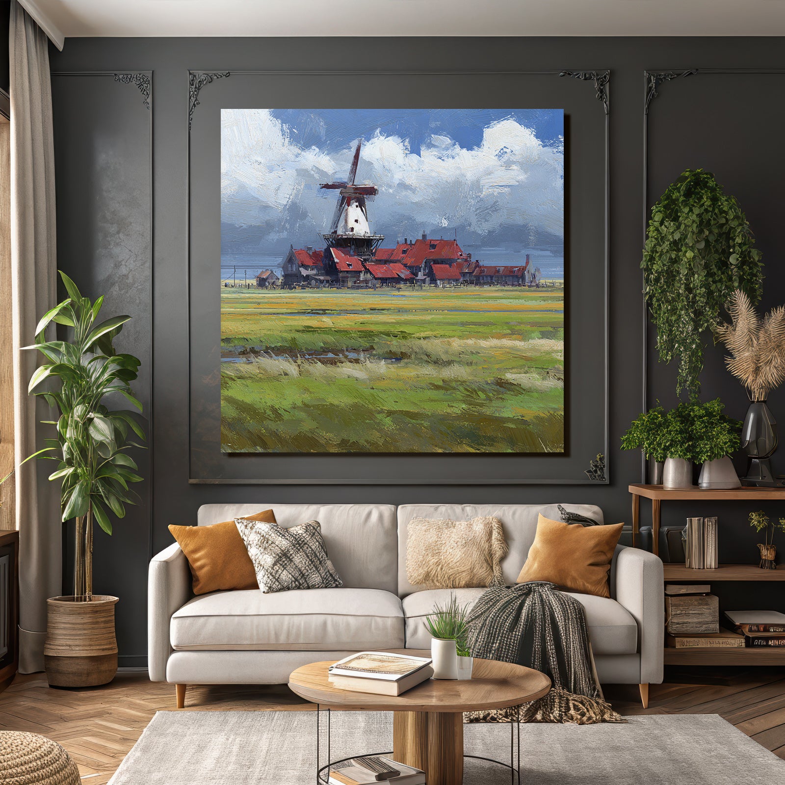 Malerische Landschaft Mit Windmühle Und Roten Dächer