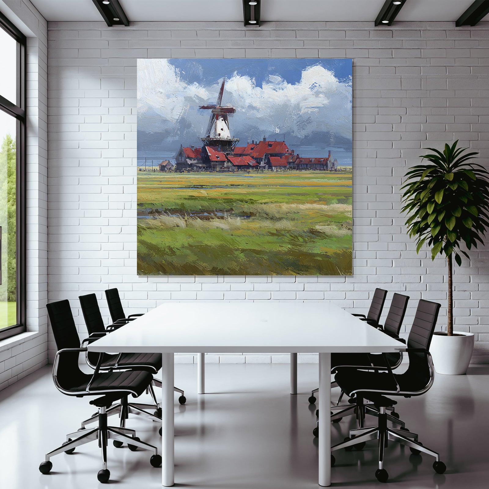 Malerische Landschaft Mit Windmühle Und Roten Dächer