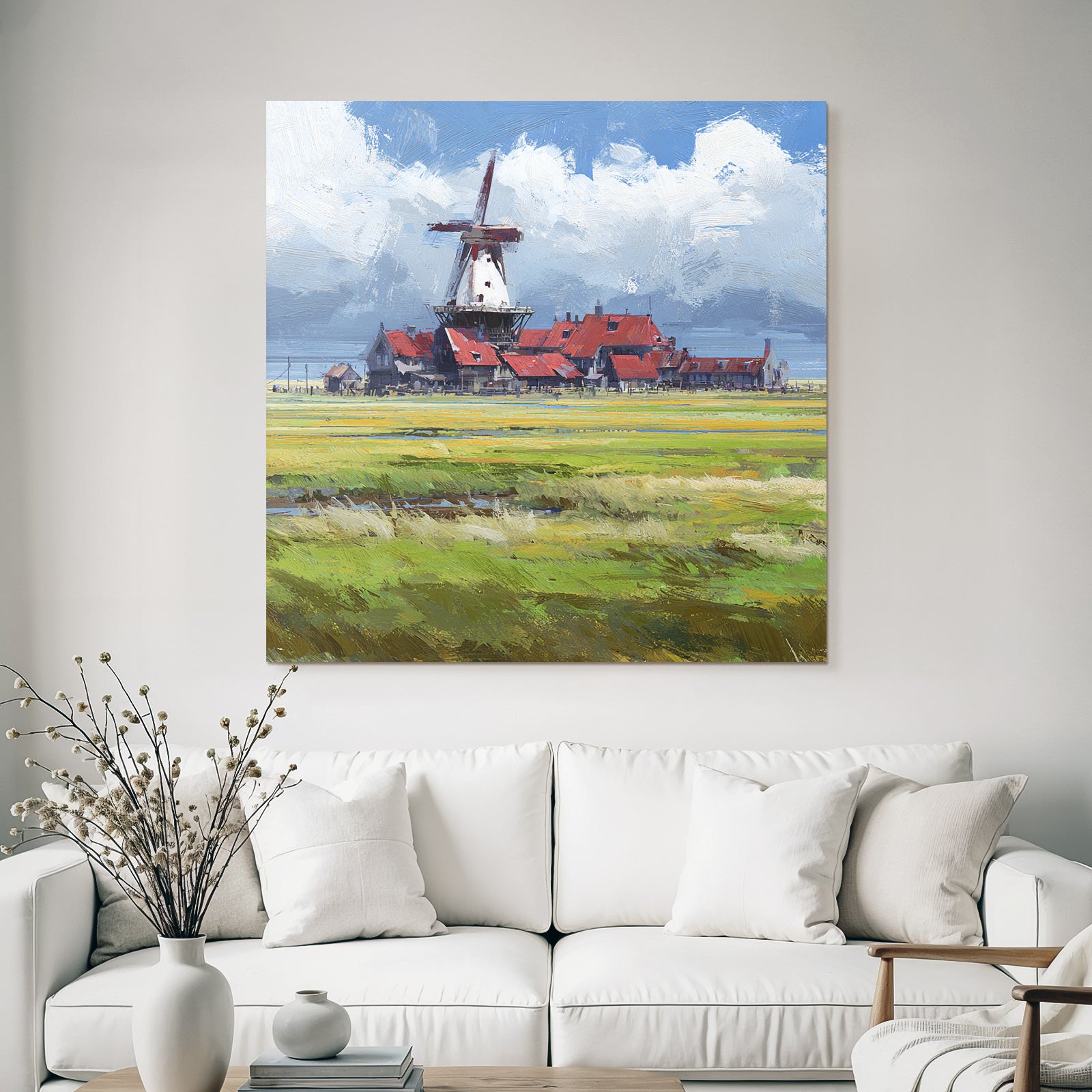 Malerische Landschaft Mit Windmühle Und Roten Dächer