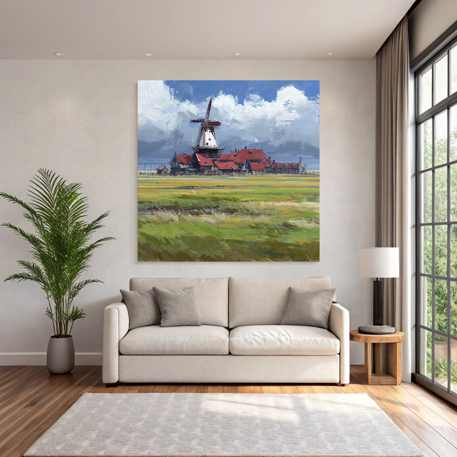 Malerische Landschaft Mit Windmühle Und Roten Dächer