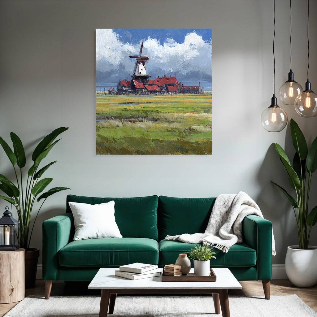 Malerische Landschaft Mit Windmühle Und Roten Dächer