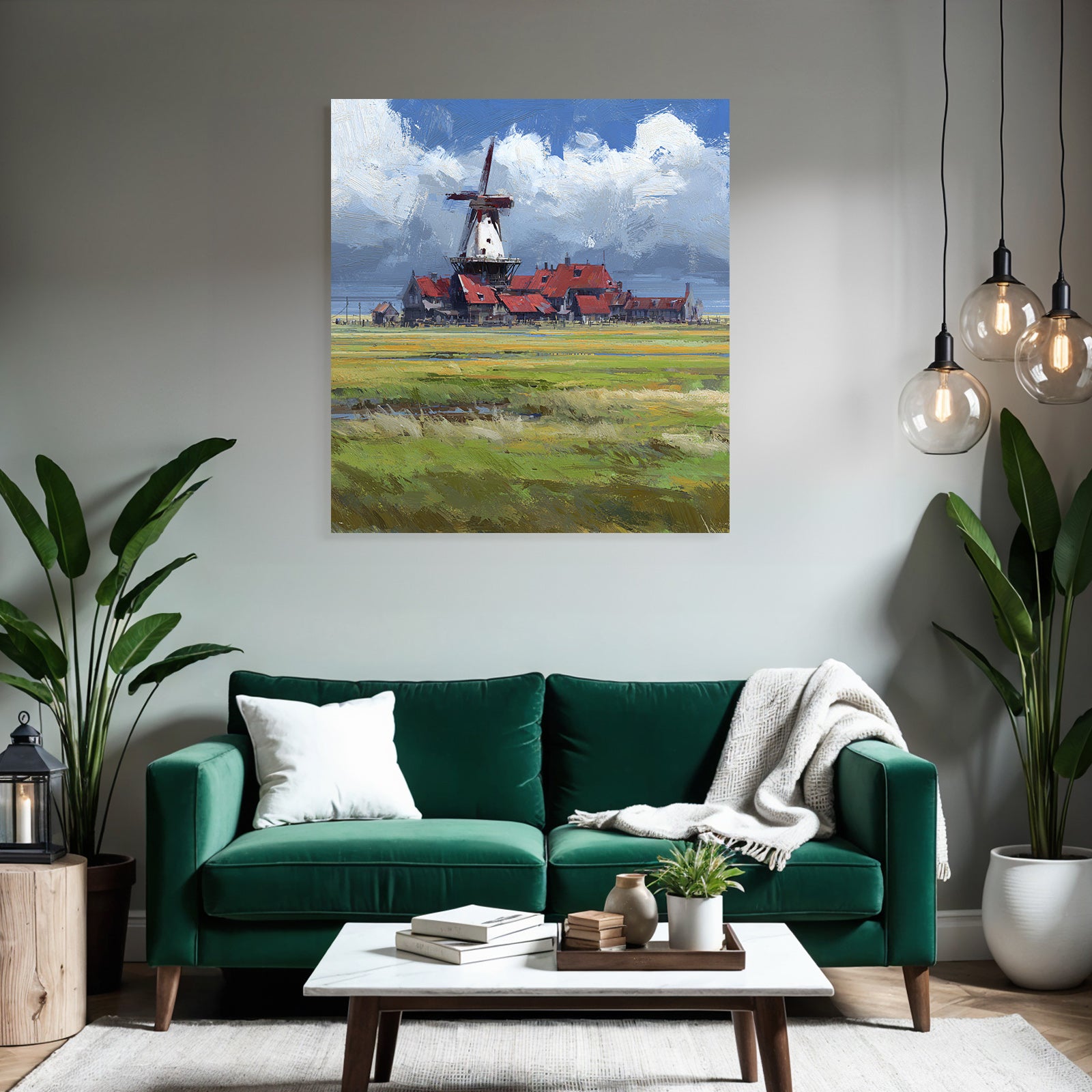 Malerische Landschaft Mit Windmühle Und Roten Dächer