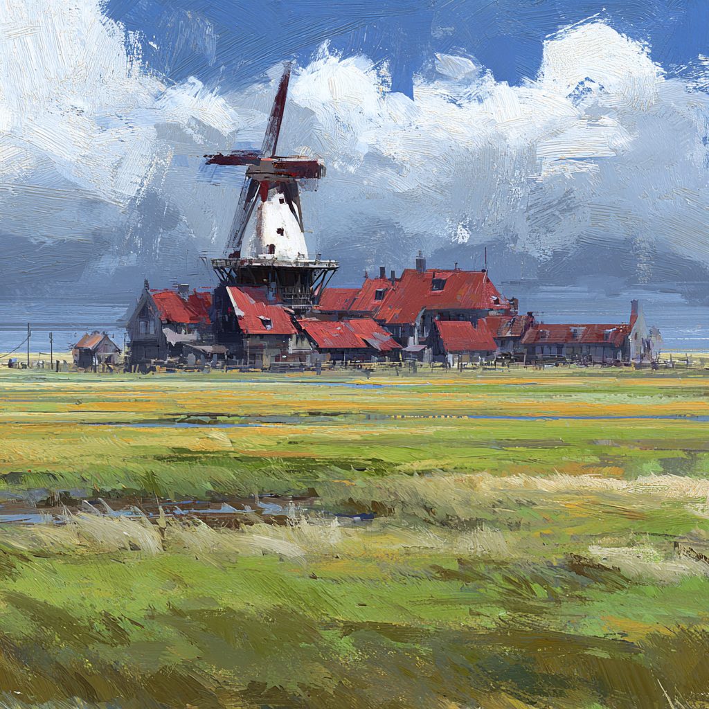 Malerische Landschaft Mit Windmühle Und Roten Dächer | Windmuehlen Leuchttuerme Bruecken | Architektur
