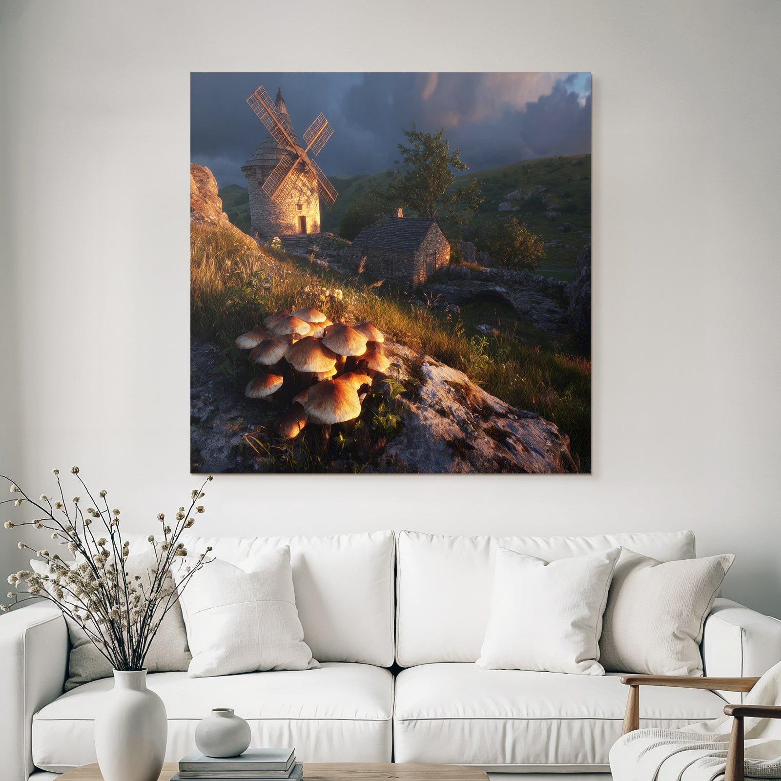 Malerische Landschaft Mit Windmühle Und Steinhäuschen