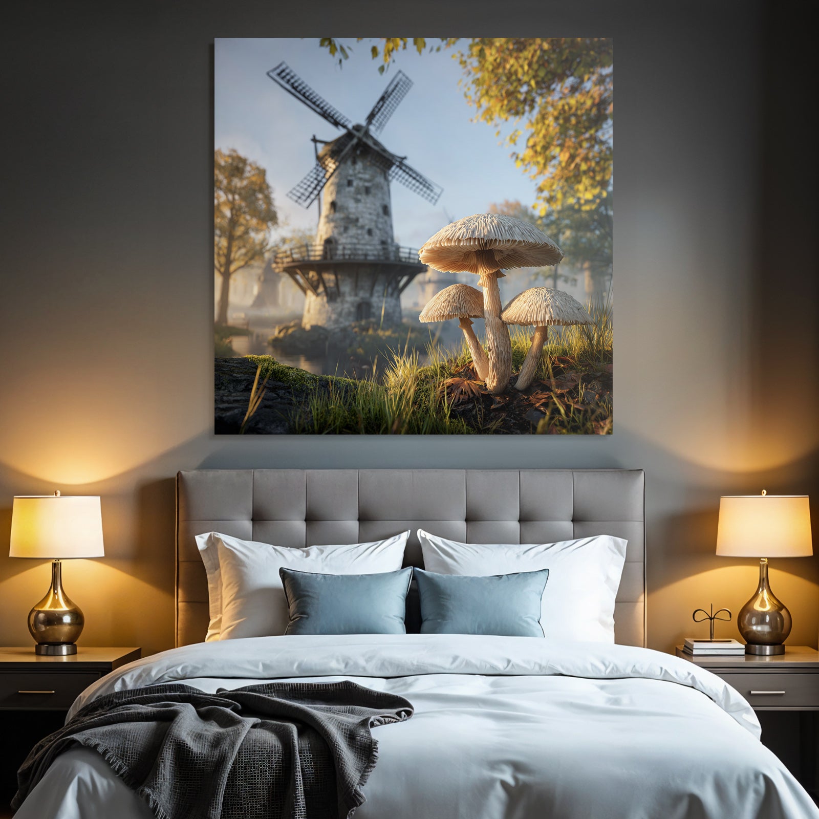 Ruhige Landschaft Mit Windmühle Und Pilzen