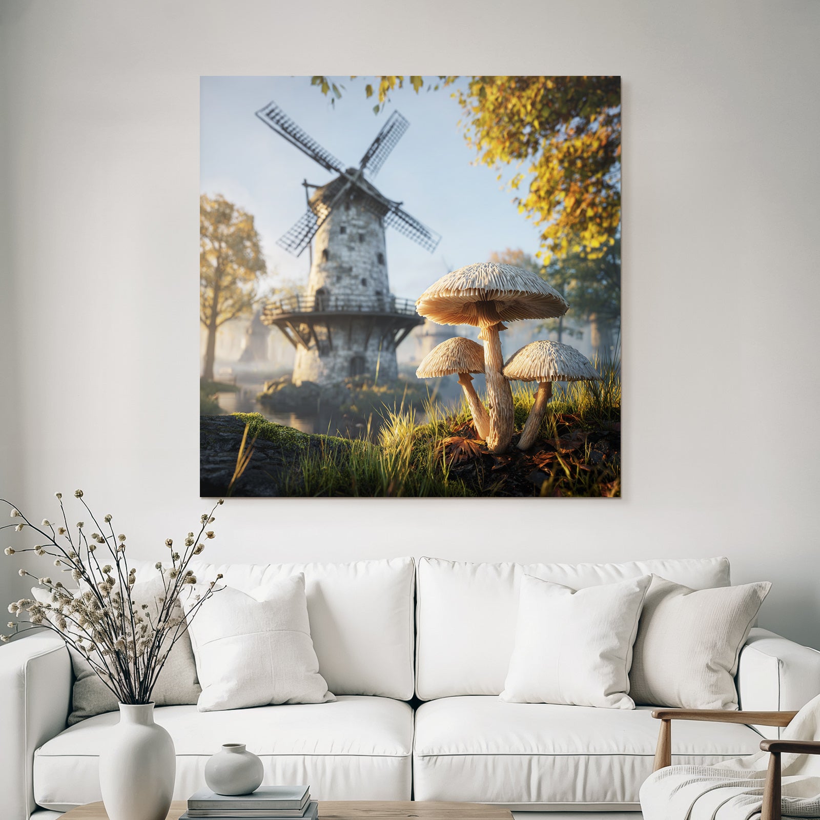 Ruhige Landschaft Mit Windmühle Und Pilzen