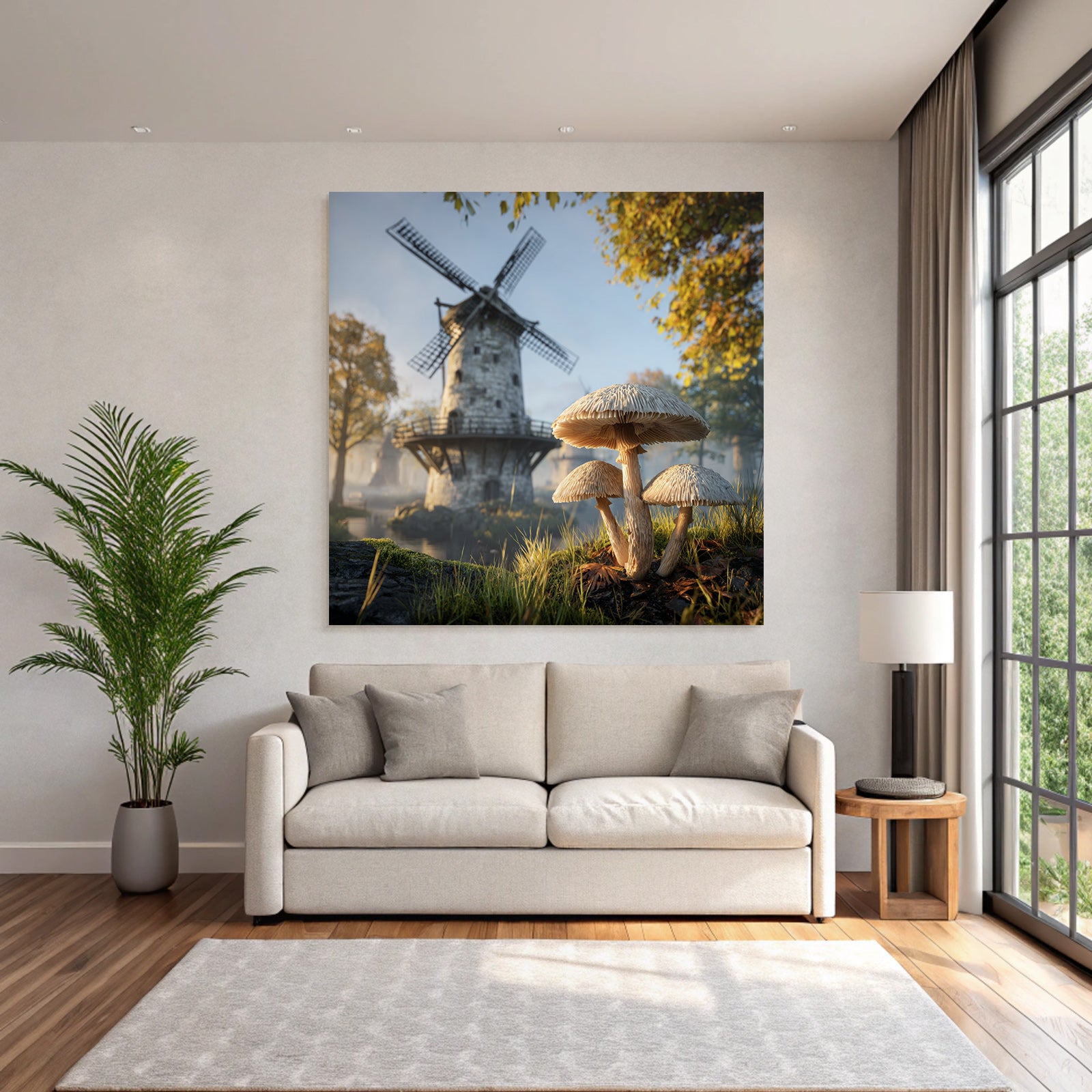 Ruhige Landschaft Mit Windmühle Und Pilzen