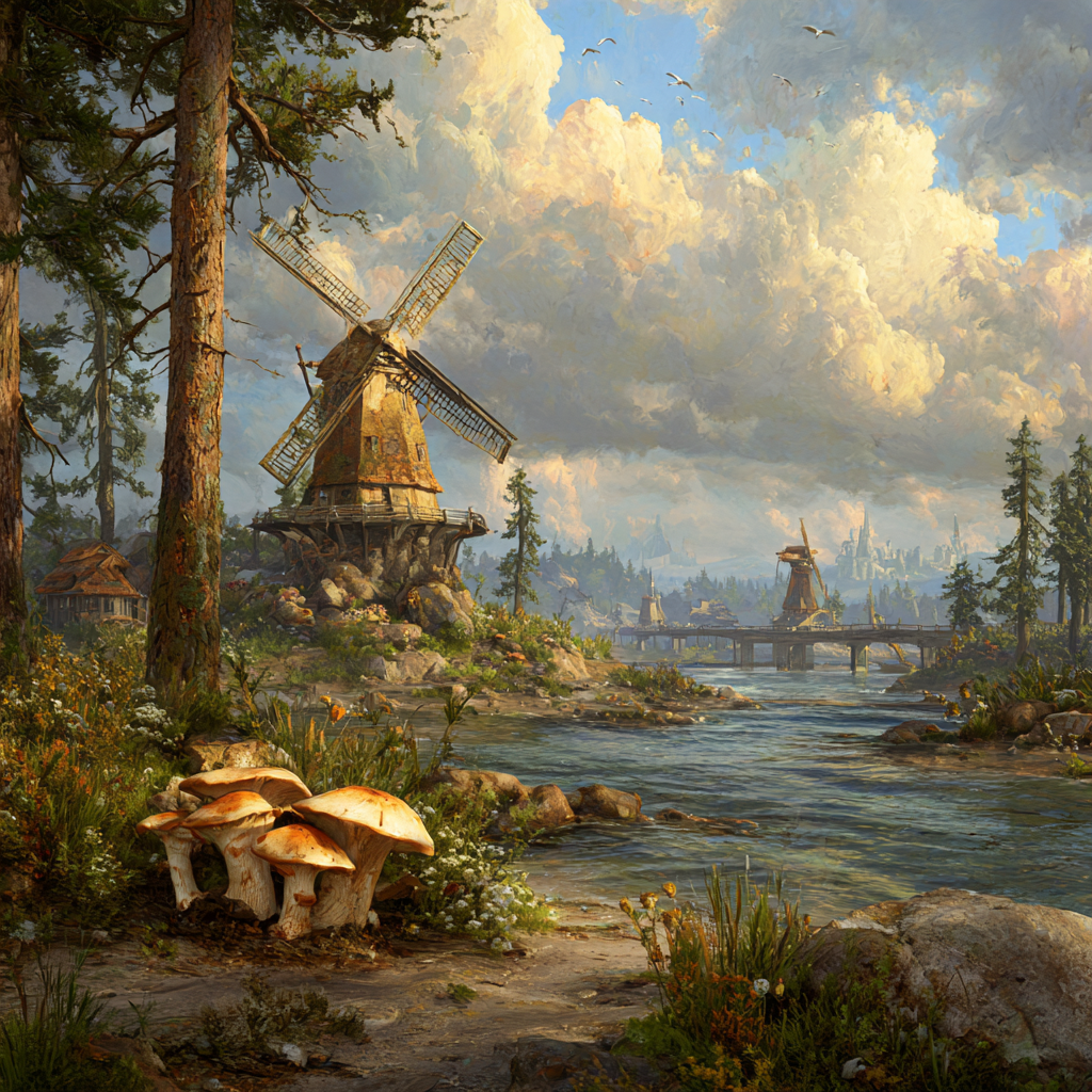 Rustikaler Windmühle Fluss Umgeben Von Bäumen Mit Pilzen | Windmuehlen Leuchttuerme Bruecken | Architektur