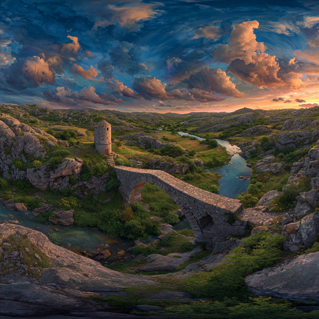 Steinerne Brücke Über Den Fluss Malerei Der Natur Sonnenuntergang | Windmuehlen Leuchttuerme Bruecken | Architektur