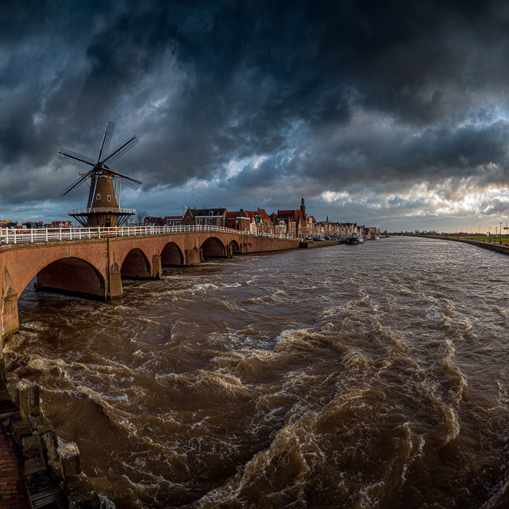 Szenischer Flussblick Mit Brücke Und Windmühle | Windmuehlen Leuchttuerme Bruecken | Architektur