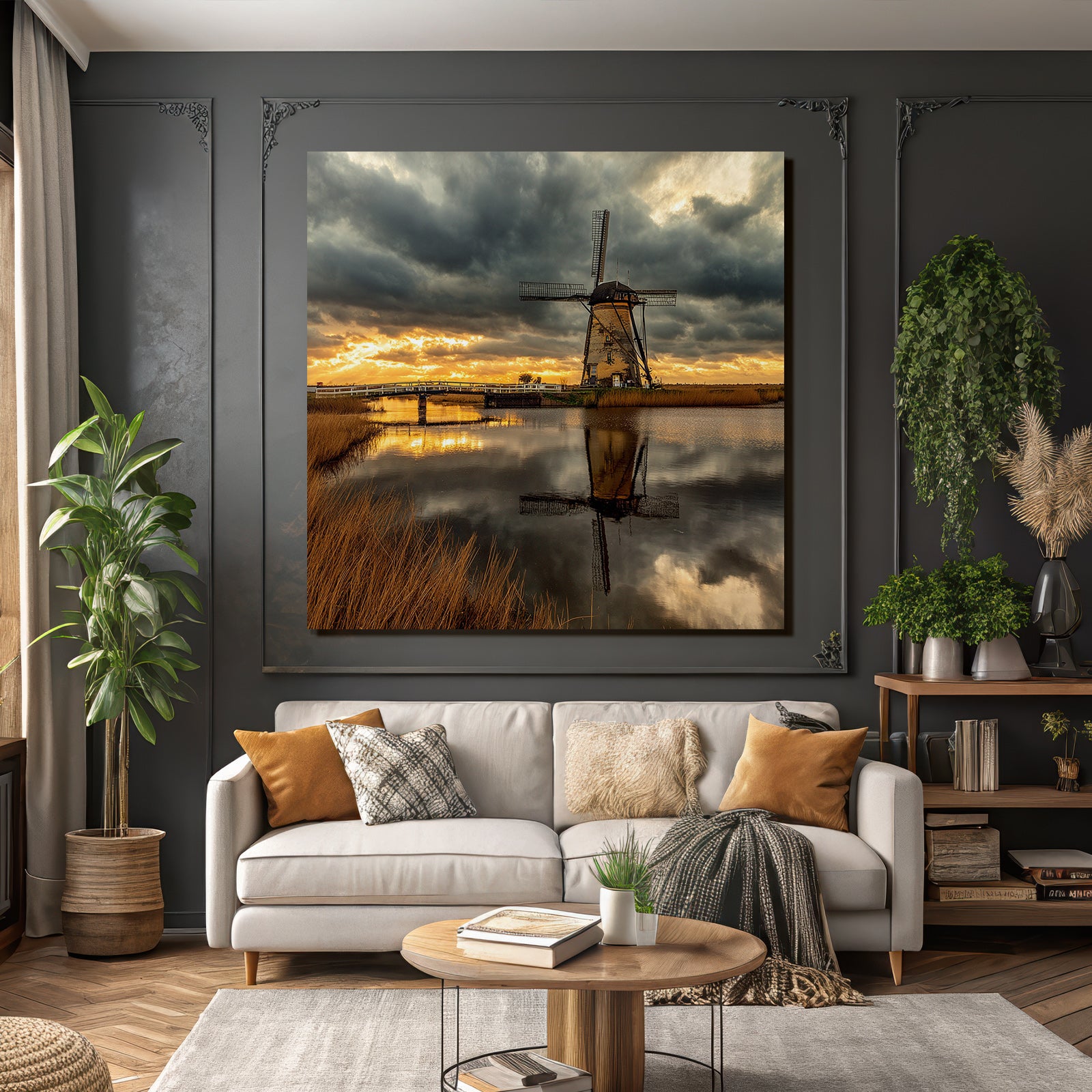 Traditionelle Windmühle Am Wasser Bei Sonnenuntergang