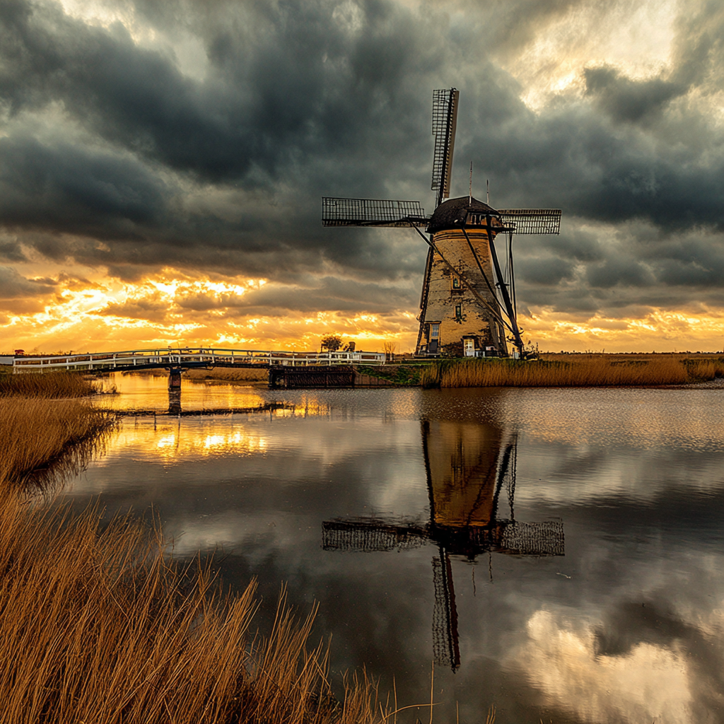 Traditionelle Windmühle Am Wasser Bei Sonnenuntergang | Windmuehlen Leuchttuerme Bruecken | Architektur