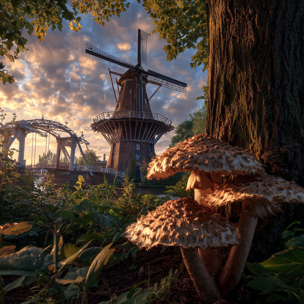 Traditionelle Windmühle Mit Schnecken Brücke Und Sonnenuntergang | Windmuehlen Leuchttuerme Bruecken | Architektur