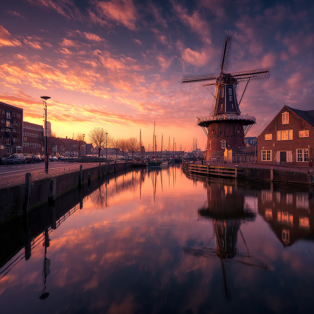 Windmühle Am See Bei Sonnenuntergang | Windmuehlen Leuchttuerme Bruecken | Architektur
