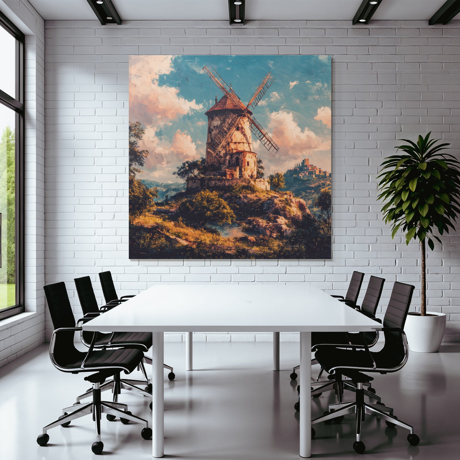Windmühle Auf Felsen Umgeben Von Grün Unscheinbarem Wasser Hügel Und Burg