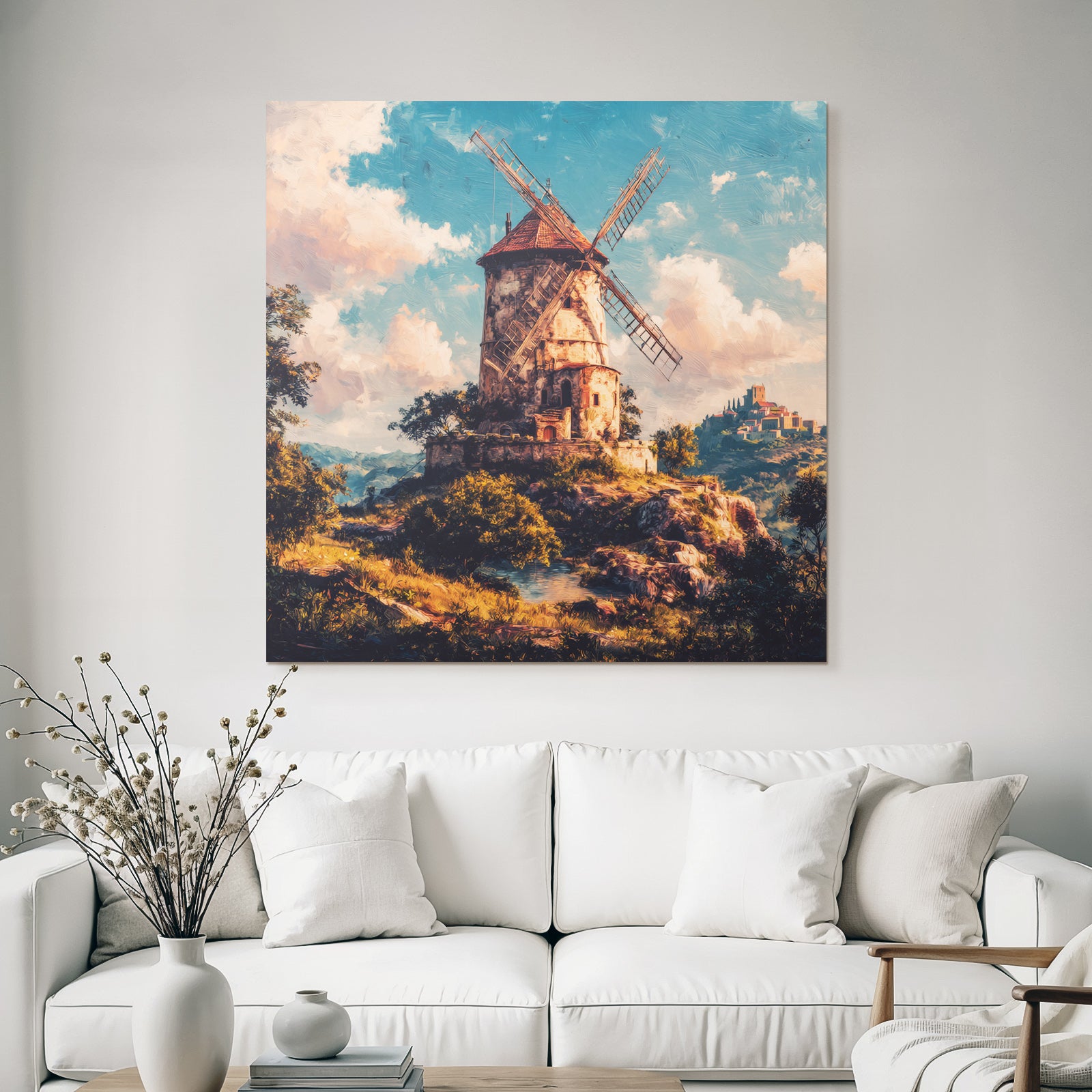 Windmühle Auf Felsen Umgeben Von Grün Unscheinbarem Wasser Hügel Und Burg