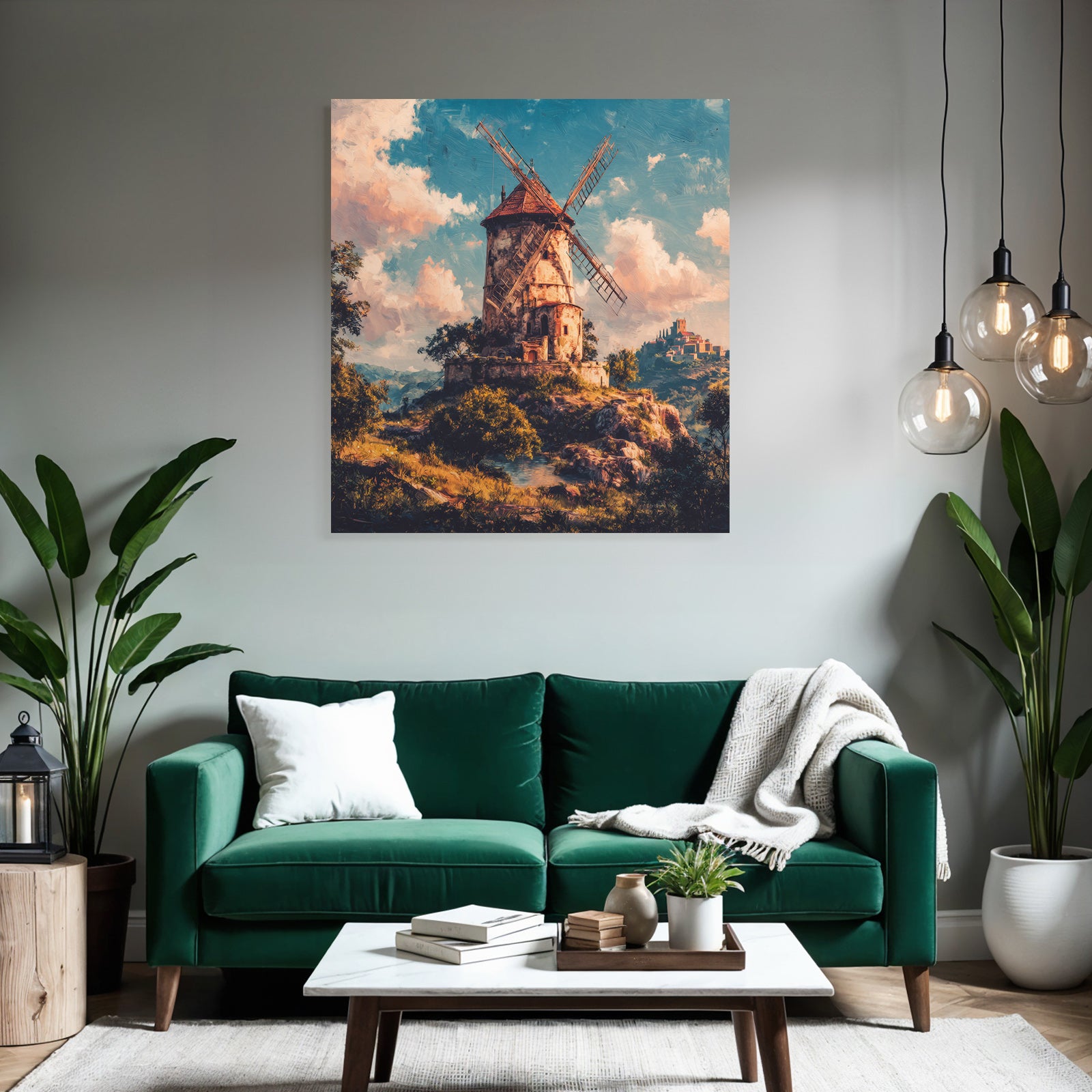 Windmühle Auf Felsen Umgeben Von Grün Unscheinbarem Wasser Hügel Und Burg
