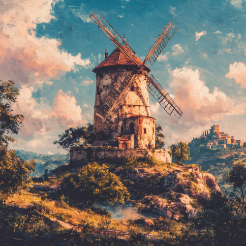 Windmühle Auf Felsen Umgeben Von Grün Unscheinbarem Wasser Hügel Und Burg | Windmuehlen Leuchttuerme Bruecken | Architektur