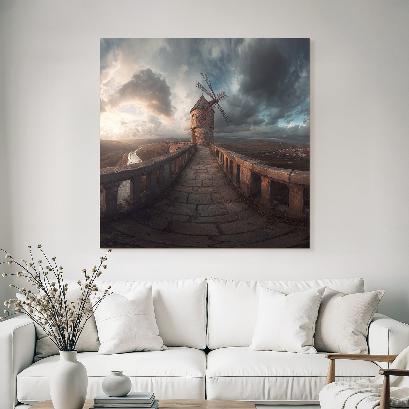 Windmühle Auf Steinstruktur Umgeben Von Hügeln Und Fluss Mit Dramatischem Himmel