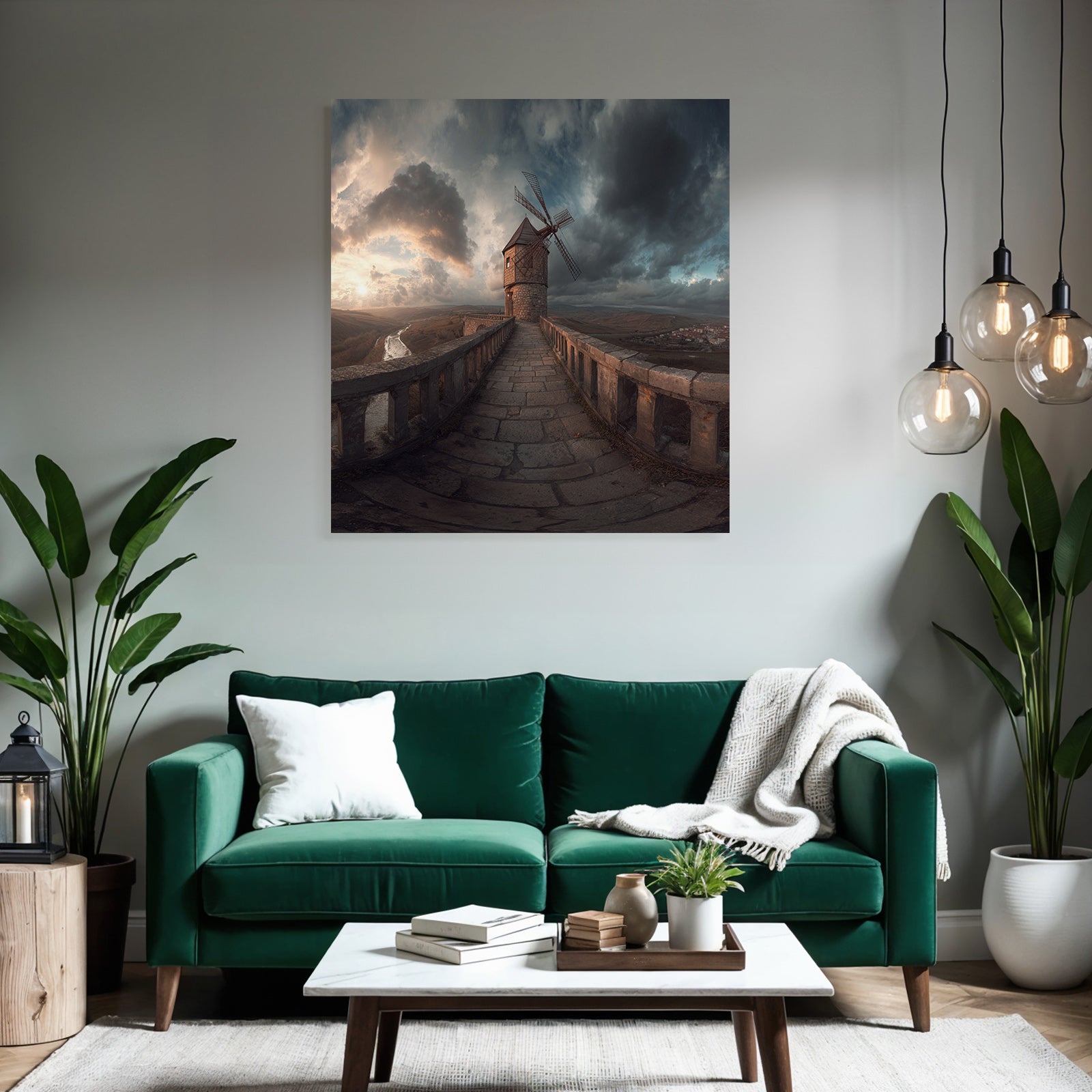 Windmühle Auf Steinstruktur Umgeben Von Hügeln Und Fluss Mit Dramatischem Himmel