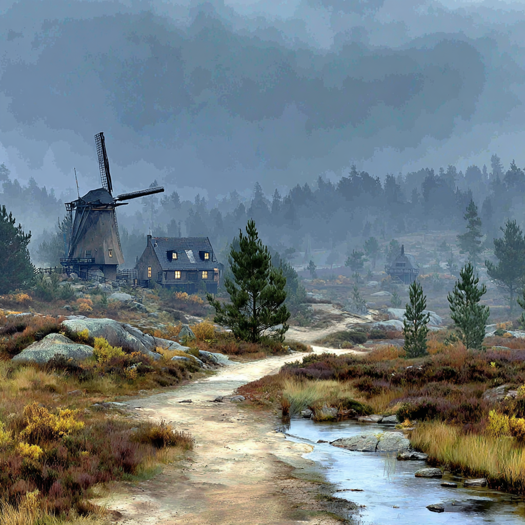 Windmühle Haus Im Nebel Morgens Oder Abends Szenenlandschaft | Windmuehlen Leuchttuerme Bruecken | Architektur