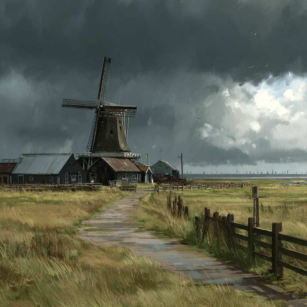 Windmühle Landschaft Sturmhimmel Herbstlandschaft | Windmuehlen Leuchttuerme Bruecken | Architektur