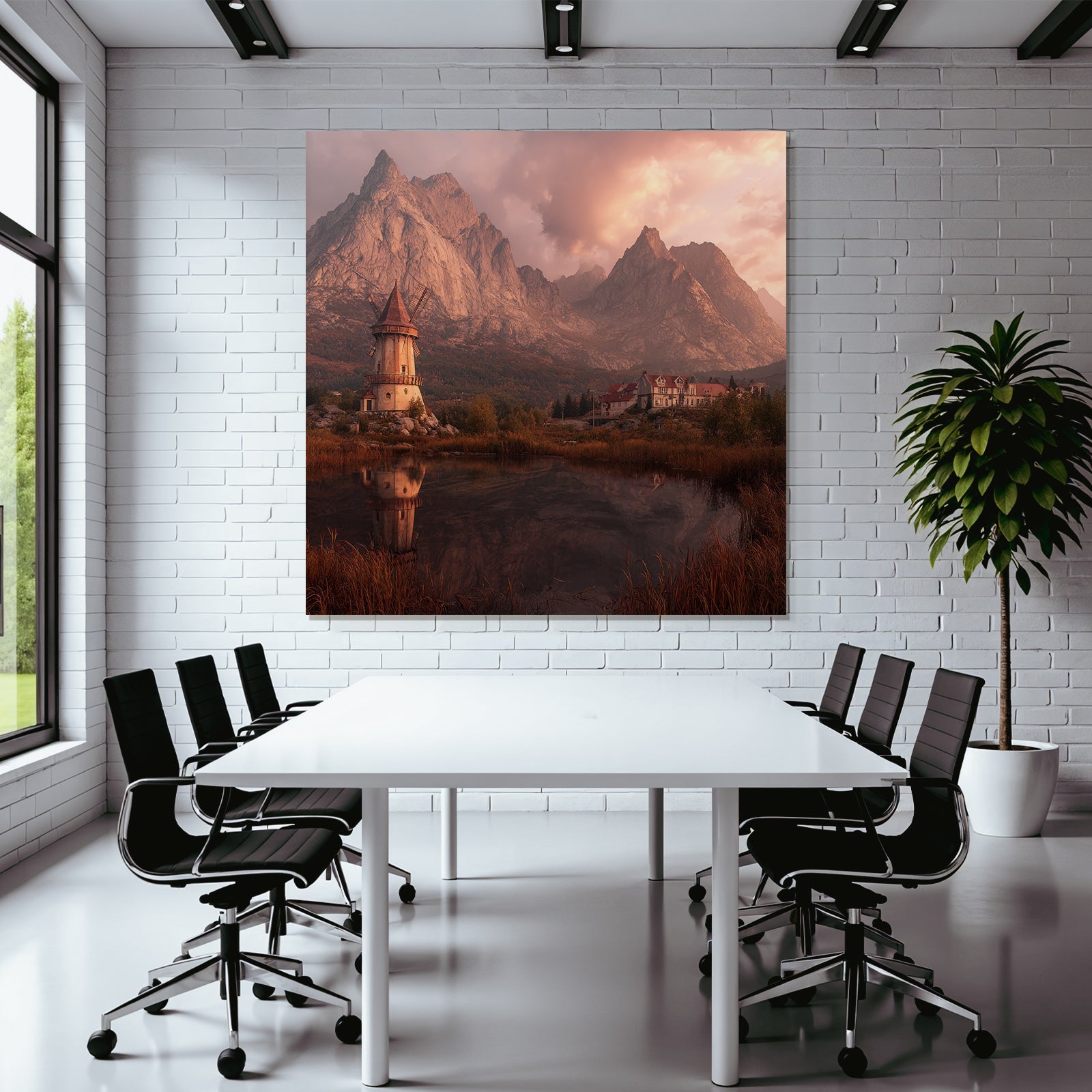 Windmühle Neben Wasser Berglandschaft Sonnenaufgang Oder Sonnenuntergang
