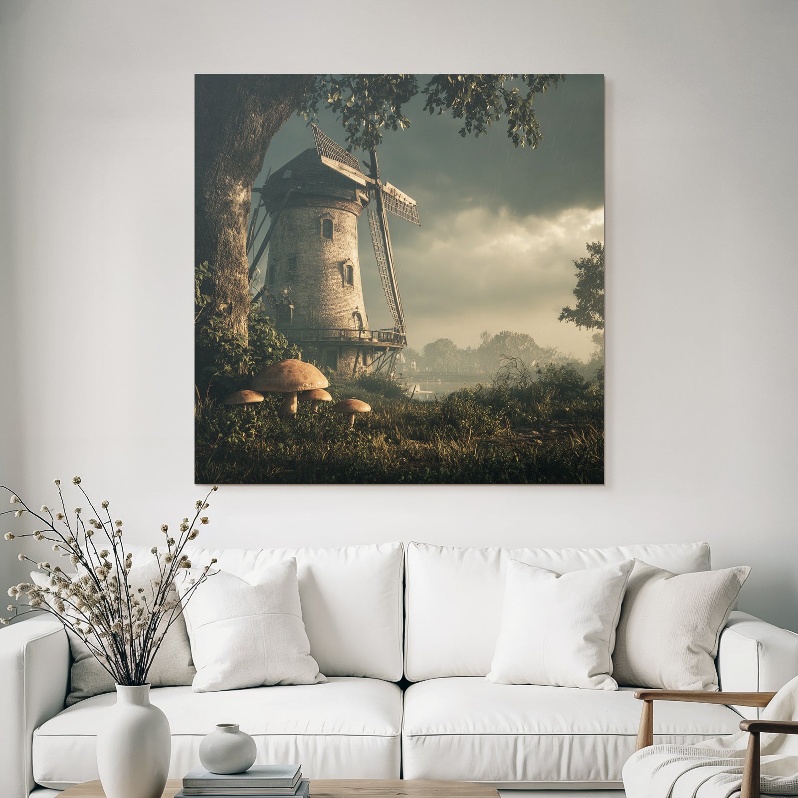 Windmühle Regnerische Landschaft Mit Pilzen Und Grüner Vegetation
