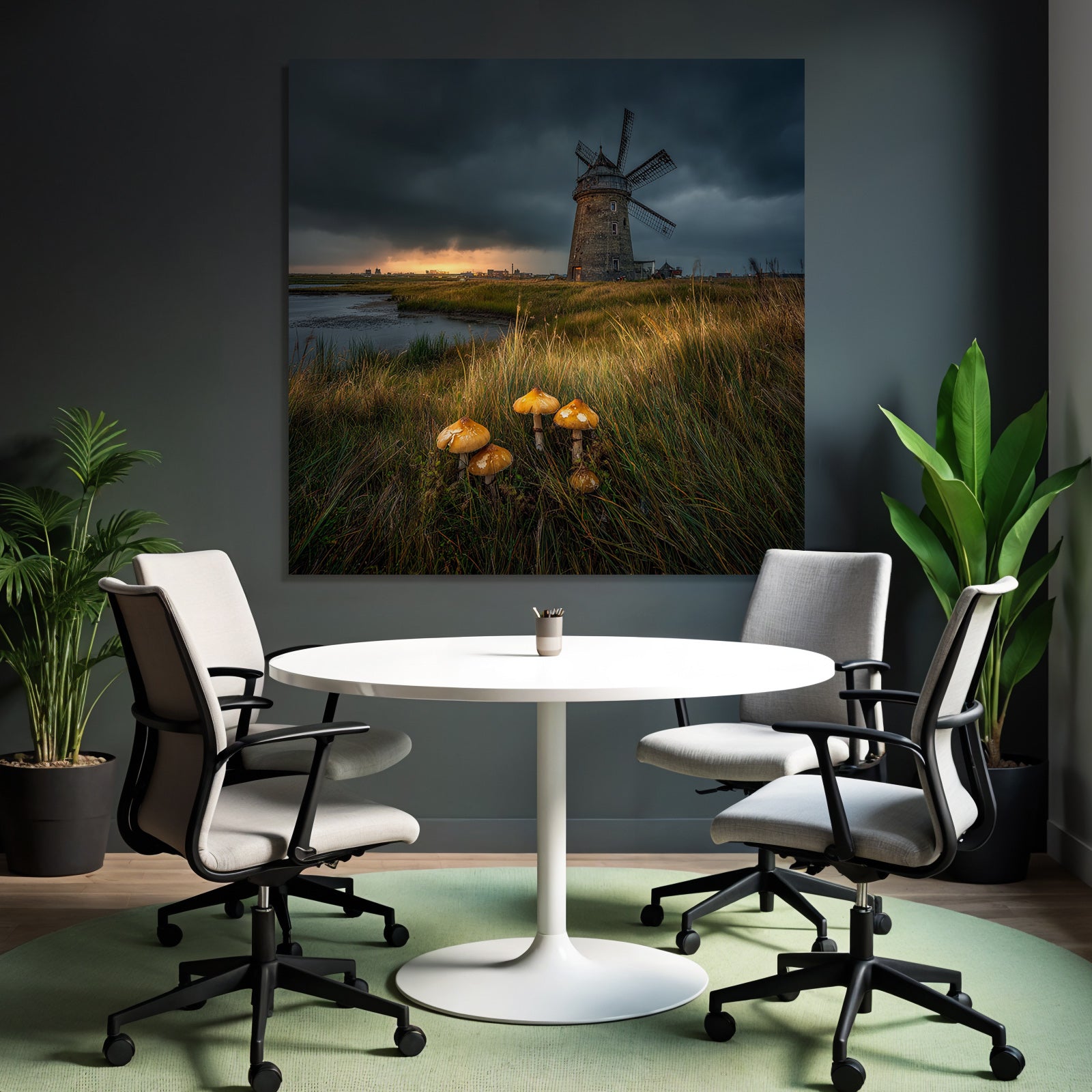 Windmühle Und Wasser Mit Pilzen Und Dramatischem Himmel