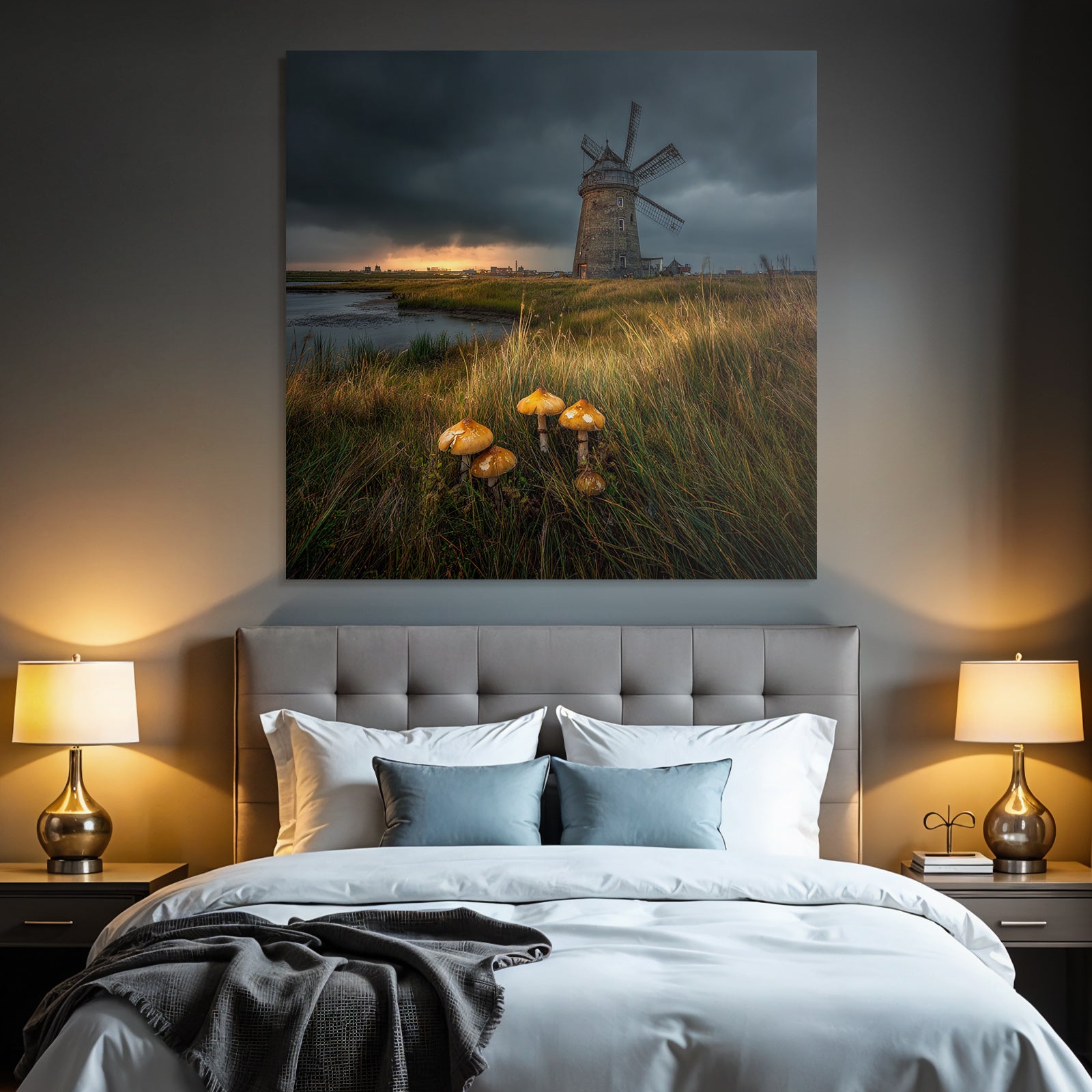 Windmühle Und Wasser Mit Pilzen Und Dramatischem Himmel