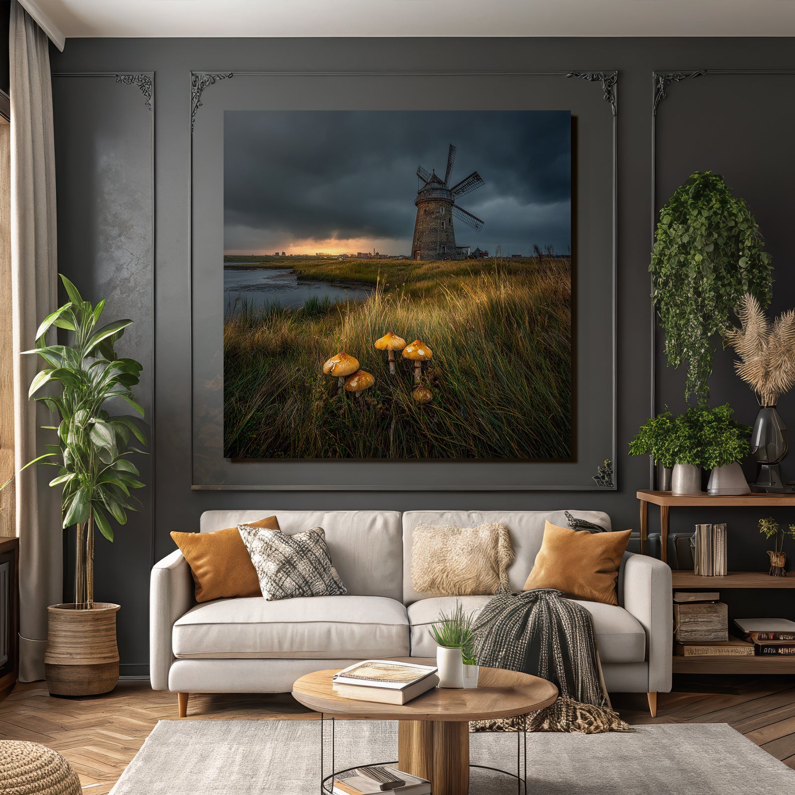 Windmühle Und Wasser Mit Pilzen Und Dramatischem Himmel