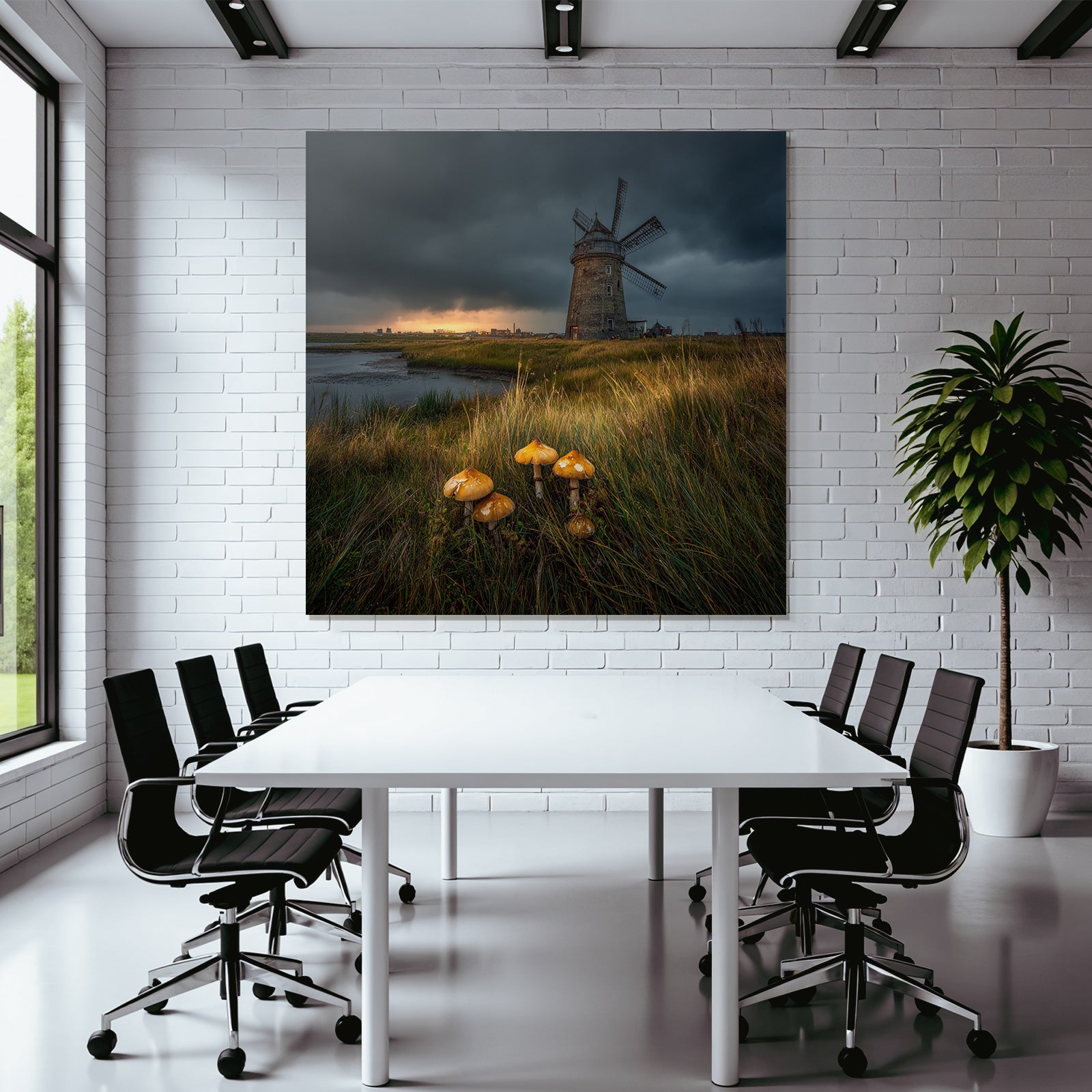 Windmühle Und Wasser Mit Pilzen Und Dramatischem Himmel