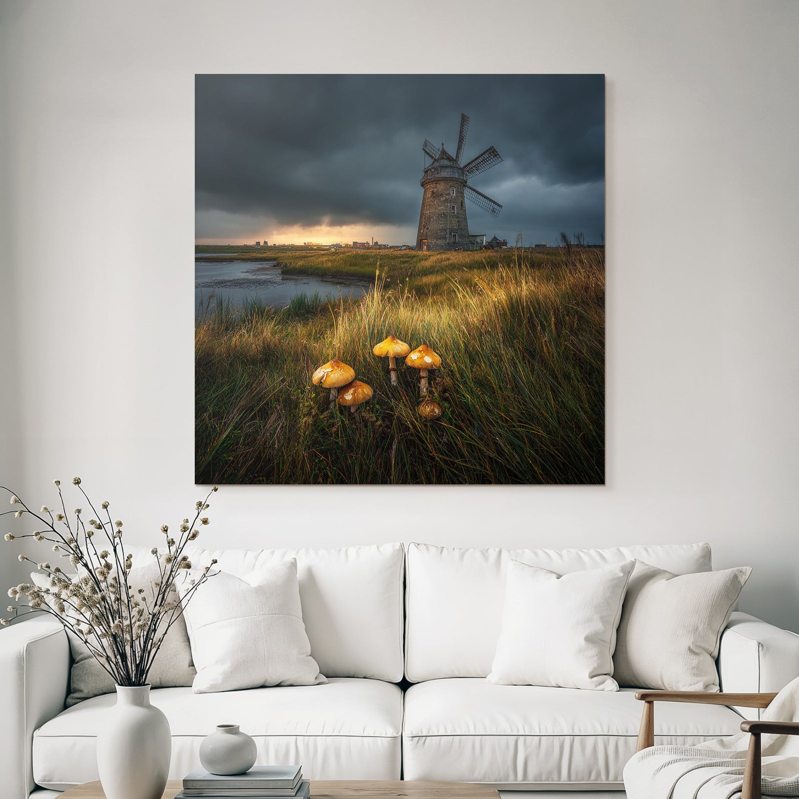 Windmühle Und Wasser Mit Pilzen Und Dramatischem Himmel