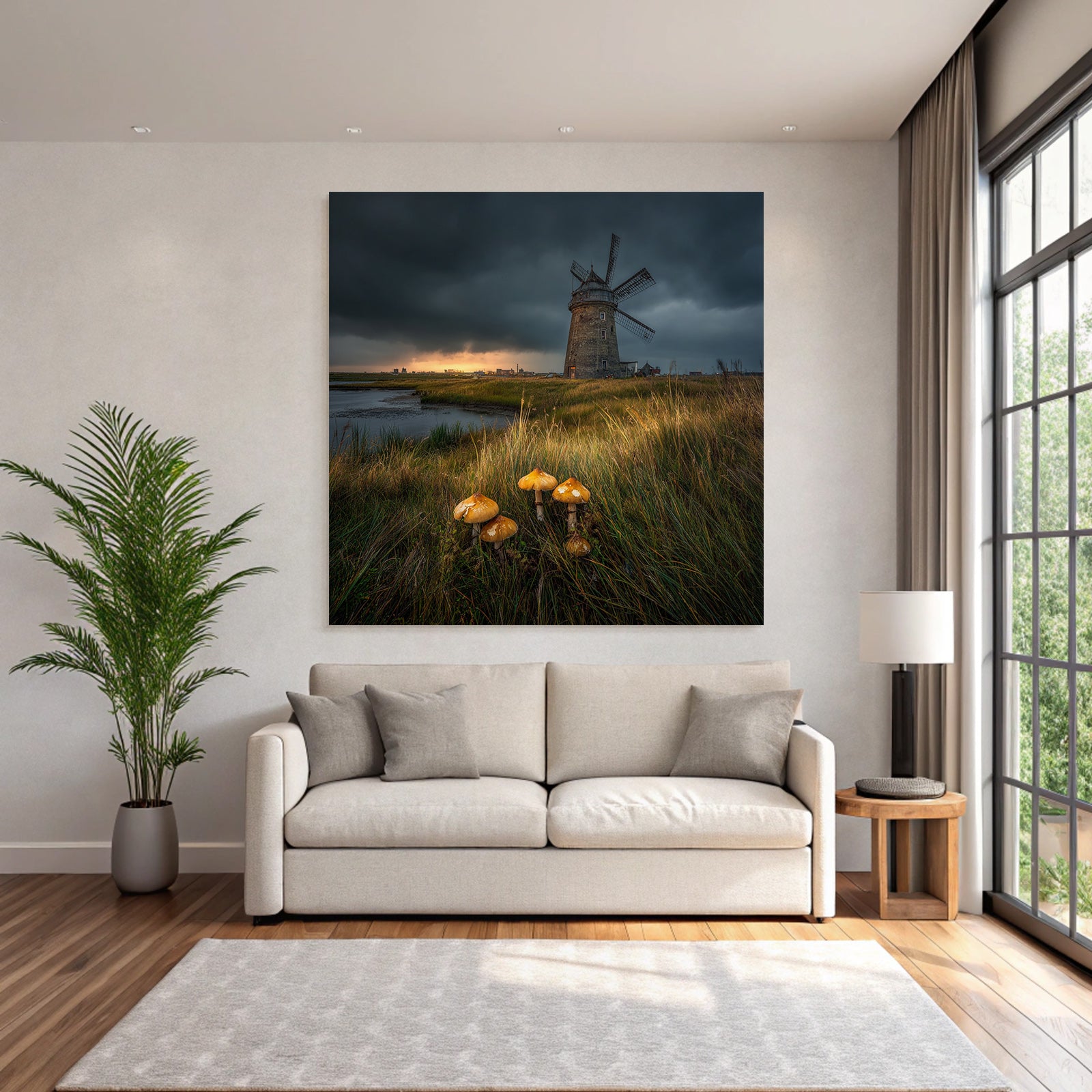 Windmühle Und Wasser Mit Pilzen Und Dramatischem Himmel
