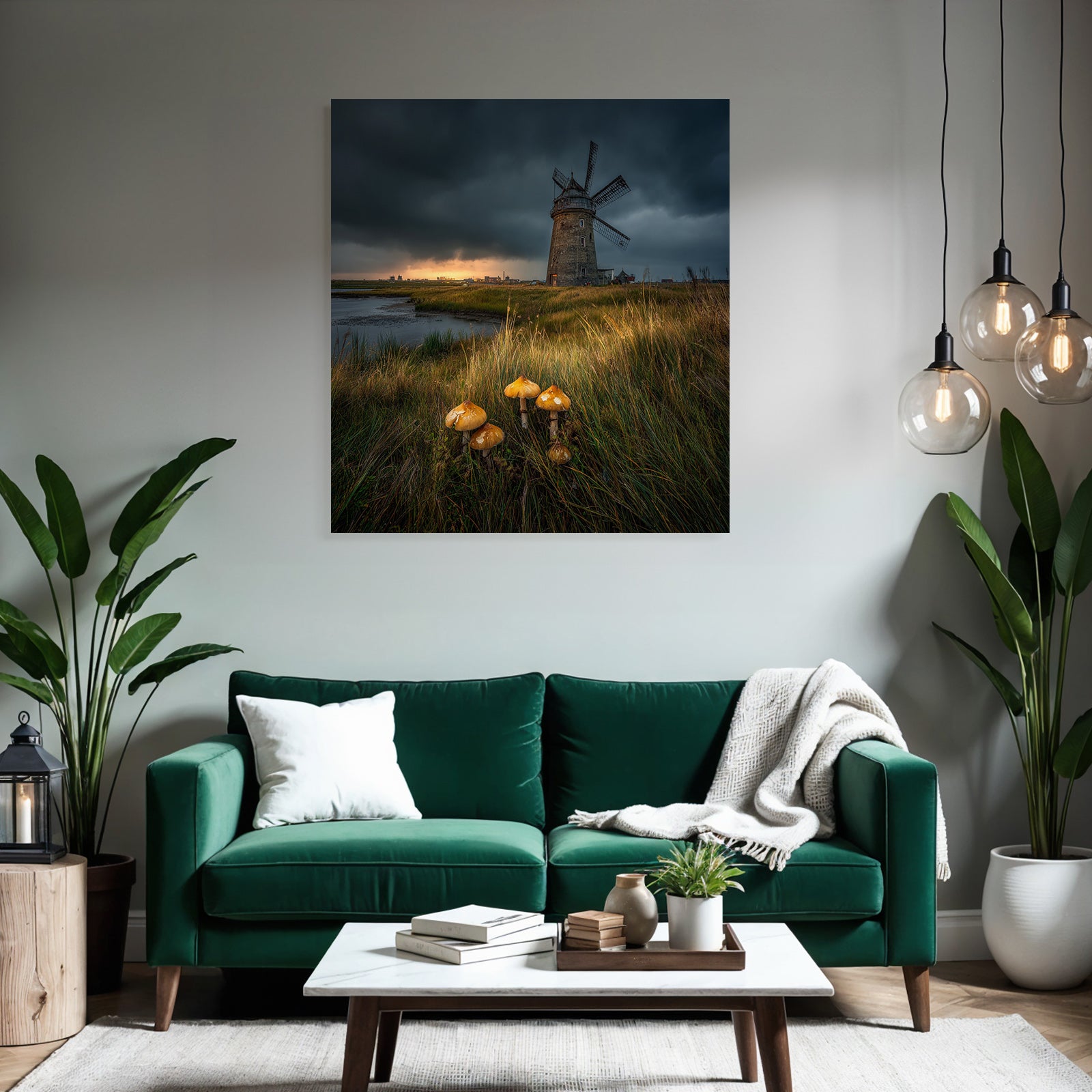 Windmühle Und Wasser Mit Pilzen Und Dramatischem Himmel