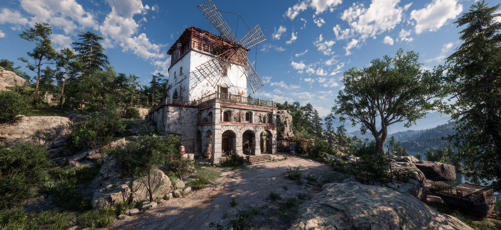 Alte Mühle Am Rockigen Terrain Umgeben Von Grünen Bäumen Und Bergen | Windmuehlen Leuchttuerme Bruecken | Architektur