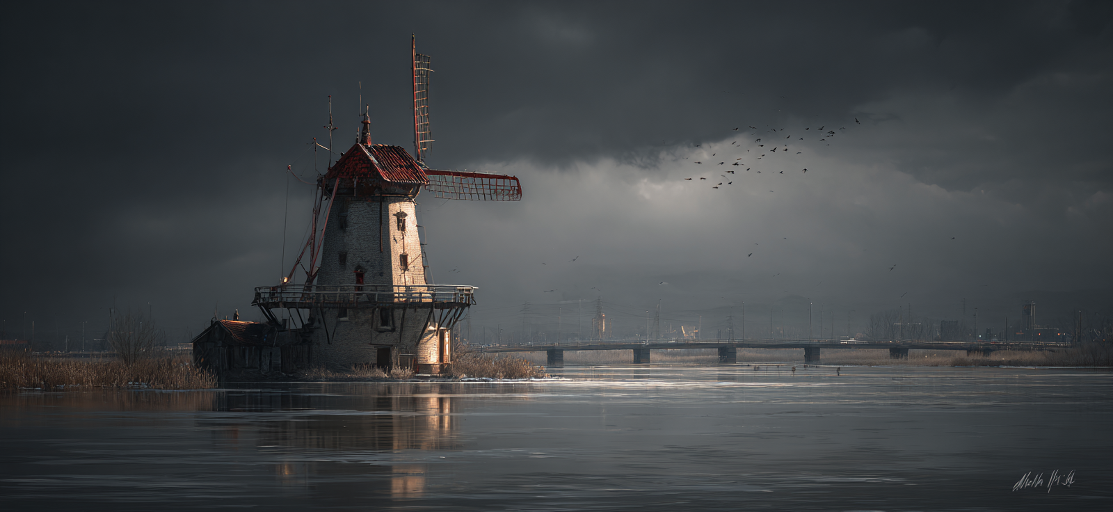 Alte Windmühle Am See Unter Dramaatischem Himmel | Windmuehlen Leuchttuerme Bruecken | Architektur