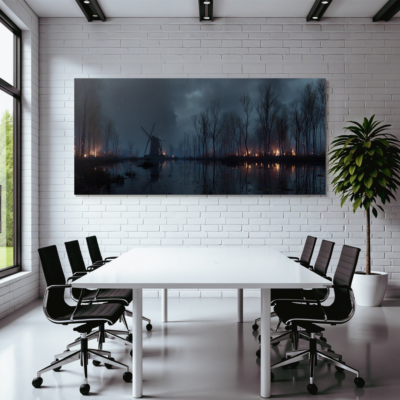 Dramatische Landschaft Mit Windmühle Und Brennendem Wald