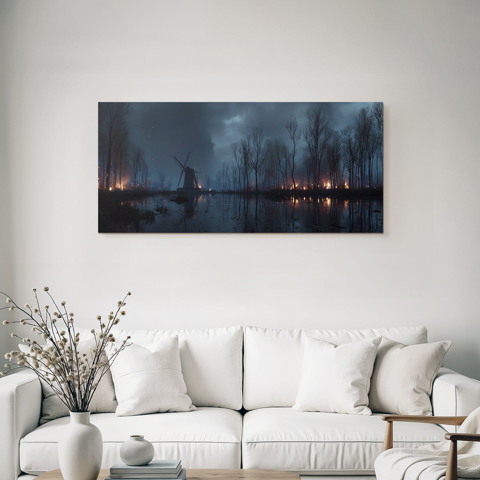 Dramatische Landschaft Mit Windmühle Und Brennendem Wald