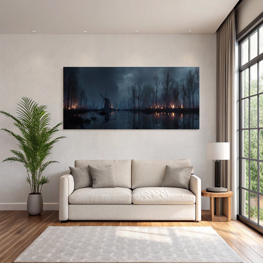 Dramatische Landschaft Mit Windmühle Und Brennendem Wald